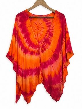 Dharma Trading Co Tie Dye Rayon Swim Cover Up L/XL Orange Pink Boho Beach Kaftan